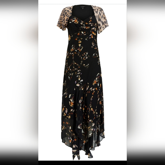 AllSaints Leah  Asymmetrical Midi Dress With Leopard Sleeves - Picture 9 of 11